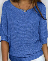 Katharina | Damen Eleganter Pullover Lockerer Strickpullover Rundhals 3/4-Arm in Blau