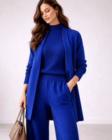 Marlene | Damen Elegantes Dreiteiling Strick-Loungewear-Set Abendkleid-Stil in Blau