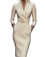 Damen Etuikleid mit V-Ausschnitt und Gürtel in Beige