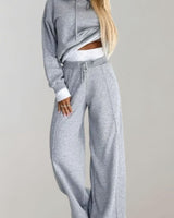Emilia | Damen Freizeit Hoodie Jogginganzug Set Crop Kapuzenpullover Weite Hose in Grau