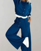 Emilia | Damen Freizeit Hoodie Jogginganzug Set Crop Kapuzenpullover Weite Hose in Blau