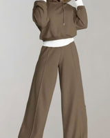 Emilia | Damen Freizeit Hoodie Jogginganzug Set Crop Kapuzenpullover Weite Hose in Braun