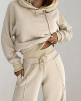 Emilia | Damen Freizeit Hoodie Jogginganzug Set Crop Kapuzenpullover Weite Hose in Beige