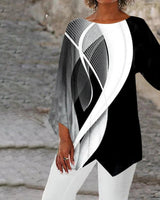 Luisa | Damen Geometrisch-Gemustertes Langarm-Tunika Oberteil in Schwarz und Weiß