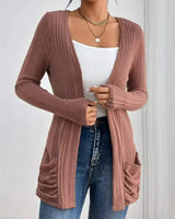Damen Gerippte Langarm Strickjacke mit offener Front und gerafften Fronttaschen in Altrosa