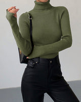 Marie | Damen Gerippter Rollkragen Strick Sweater Frühjahr in Grün