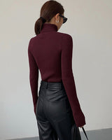 Marie | Damen Gerippter Rollkragen Strick Sweater Frühjahr in Weinrot