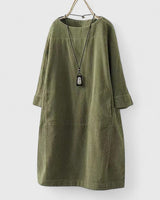 Damen Geripptes Rundhals-Midikleid mit Dreiviertelärmeln und Fronttaschen in Hellgrün
