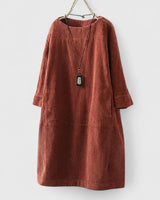 Damen Geripptes Rundhals-Midikleid mit Dreiviertelärmeln und Fronttaschen in Orange