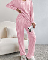 Damen Geripptes Strick Set mit V-Ausschnitt Langen Ärmeln und Weiter Hose in Rosa