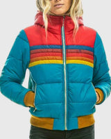 Damen Gesteppte Colorblock Jacke mit Streifen und Teddyfutter in Blau