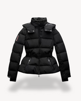 Damen Gesteppte Pufferjacke mit Gürtel Stehkragen Brusttaschen und Reißverschluss in Schwarz
