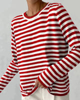 Emilia | Damen Gestreifter Langarm Relaxed-Fit Rundhals Sweater in Rot