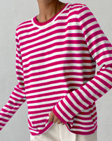 Emilia | Damen Gestreifter Langarm Relaxed-Fit Rundhals Sweater in Rosa