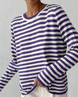 Emilia | Damen Gestreifter Langarm Relaxed-Fit Rundhals Sweater in Lila