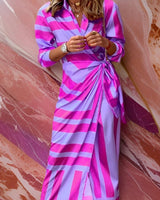 Katharina | Damen Gestreiftes Langarm Wickelkleid Midi Hemdkleid in Lila