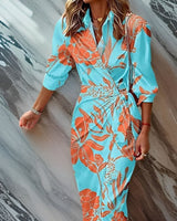 Katharina | Damen Gestreiftes Langarm Wickelkleid Midi Hemdkleid in Türkis