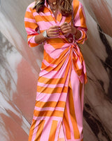 Katharina | Damen Gestreiftes Langarm Wickelkleid Midi Hemdkleid in Orange/Rosa