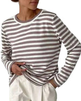 Damen Gestreiftes Langarmshirt mit Rundhals in Taupe
