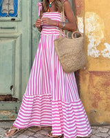 Damen Gestreiftes Maxikleid mit Bindebandträgern und Gerafftem Oberteil und Stufenrock in Rosa