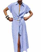 Damen Gestreiftes Midikleid mit Knopfleiste in Hellblau