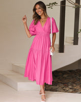Damen Gestuftes Midikleid mit V-Ausschnitt und Puffärmeln in Rosa