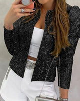 Amelie | Damen Glitzernde Offene Winterjacke Festlicher Pailletten Blazer in Schwarz