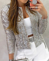 Amelie | Damen Glitzernde Offene Winterjacke Festlicher Pailletten Blazer in Silber