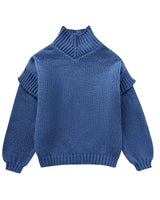 Damen Grobstrick Rollkragenpullover mit Langen Ärmeln und Rippbündchen in Blau
