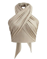 Damen-Halter-Top mit überkreuztem Ausschnitt und Wickeloptik in Beige