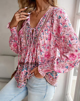 Damen Hemd mit Blumenmuster und V-Ausschnitt in Rosa
