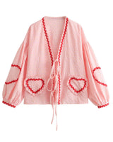 Damen Hemd mit Karomuster Herzapplikationen Schleifenverschluss und Wellenbordüre in Rosa