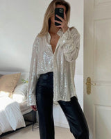 Damen Hemdbluse mit Paillettenbesatz Hemdkragen Langen Ärmeln und Knopfverschluss in Weiß