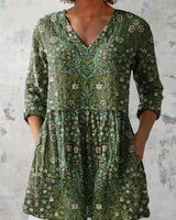 Damen Hemdbluse mit V-Ausschnitt langen Ärmeln und Blumenmuster in Grün