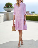 Damen Hemdblusenkleid mit Kragen Knopfleiste Langen Ärmeln Streifenmuster und Stufensaum in Rosa