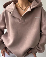 Damen Hoodie mit Kapuze V-Ausschnitt Polokragen und Bündchen in Braun
