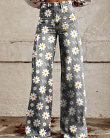 Damen Hose mit weitem Bein Blumenmuster hohem Bund und Knopfverschluss in Grau