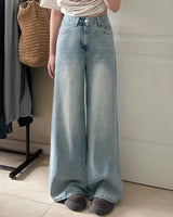 Damen Hose mit Weitem Bein Knopfverschluss Fronttaschen und Gürtelschlaufen in Hellblau