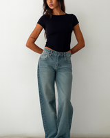 Damen Hose mit Weitem Bein Knopfverschluss Gürtelschlaufen und Fünf-Taschen-Aufteilung in Blau