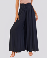 Damen Hose mit weitem Bein und elastischem Bund mit Kordelzug in Schwarz
