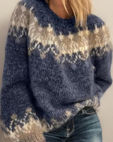 Luisa | Damen Jacquard Knit Sweater Isländischer Rundhals Strickpullover in Blau