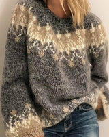 Luisa | Damen Jacquard Knit Sweater Isländischer Rundhals Strickpullover in Hellgrau