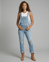 Damen Jeans-Latzhose mit Brusttasche und verstellbaren Trägern in Hellblau
