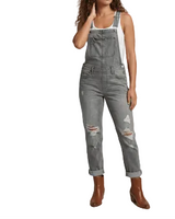 Damen Jeans-Latzhose mit Brusttasche und verstellbaren Trägern in Grau