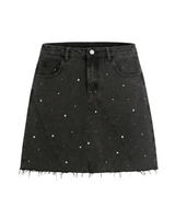 Damen Jeans Minirock mit Frontpaneelen, Knopfverschluss und offenem Saum in Schwarz