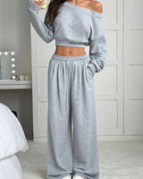 Damen Jogginganzug Set mit Schulterfreiem Oberteil und Weitem Hosenbein und Kordelzug in Grau