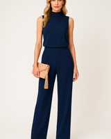 Damen Jumpsuit ärmellos mit Stehkragen und weitem Bein in Marineblau
