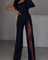 Damen Jumpsuit mit Ein-Schulter-Träger Langarm Weitem Bein und Netzeinsatz in Schwarz