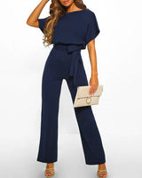 Damen Jumpsuit mit gerafften Ärmeln und Bindegürtel in Blau