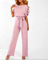 Damen Jumpsuit mit gerafften Ärmeln und Bindegürtel in Rosa